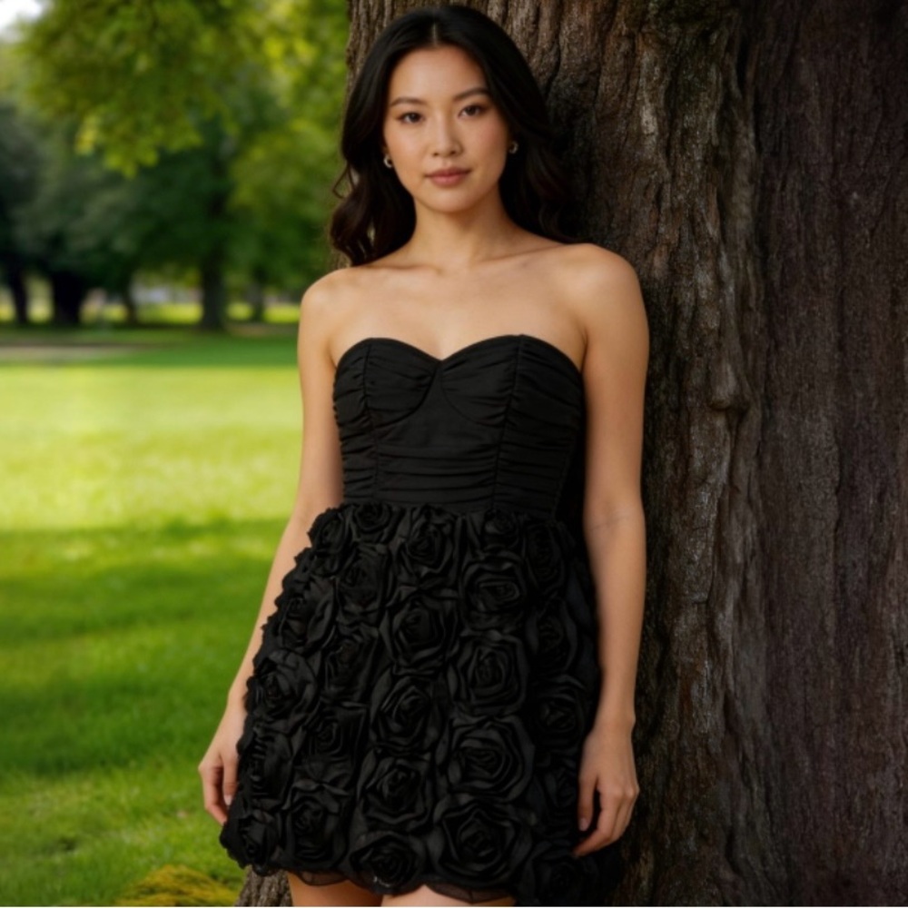 2b Bebe Black Strapless Floral Party Mini Dress Size Small - Picture 4 of 13